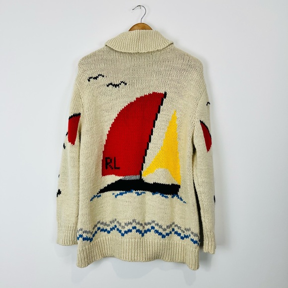 Polo Ralph Lauren Cream Boating Nautical Chunky Knit Zipped Cardigan UK L - Picture 14 of 15